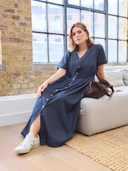 Evans Blue Short Sleeve Button Thru Denim Maxi Dress - Image 2 of 3