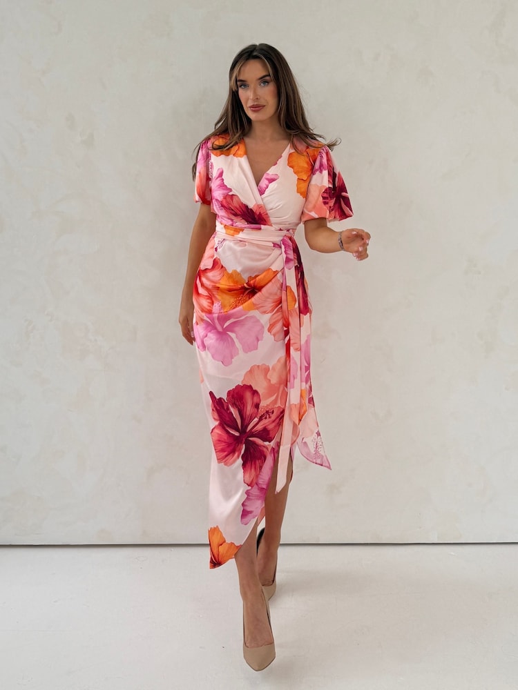 Girl In Mind Pink Drew Puff Sleeve Wrap Front Midi Dress - Image 1 of 5