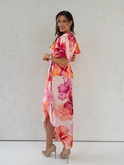 Girl In Mind Pink Drew Puff Sleeve Wrap Front Midi Dress - Image 2 of 5