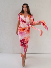 Girl In Mind Pink Drew Puff Sleeve Wrap Front Midi Dress - Image 4 of 5