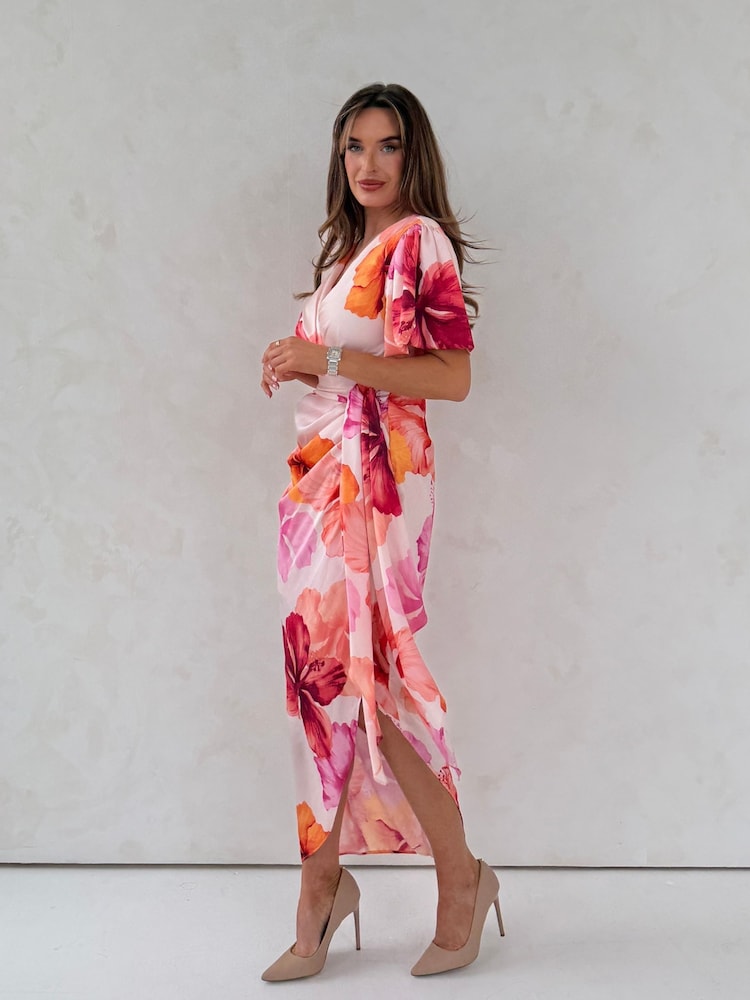 Girl In Mind Pink Drew Puff Sleeve Wrap Front Midi Dress - Image 5 of 5