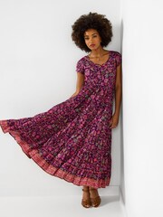 Joe Browns Purple Heidi Crinkle Cotton Border Print Dress - Image 4 of 6