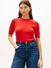 Tommy Hilfiger Red Cable Knit Crew Neck Jumper - Image 1 of 5