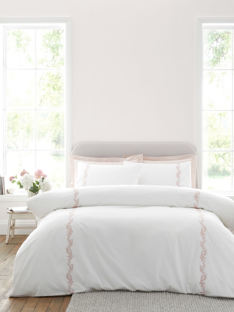 Bianca White Pink Camille Embroidered Floral Print Cotton Duvet Cover Set - Image 1 of 4 Bianca White Pink Camille Embroidered Floral Print Cotton Duvet Cover Set - Image 1 of 4