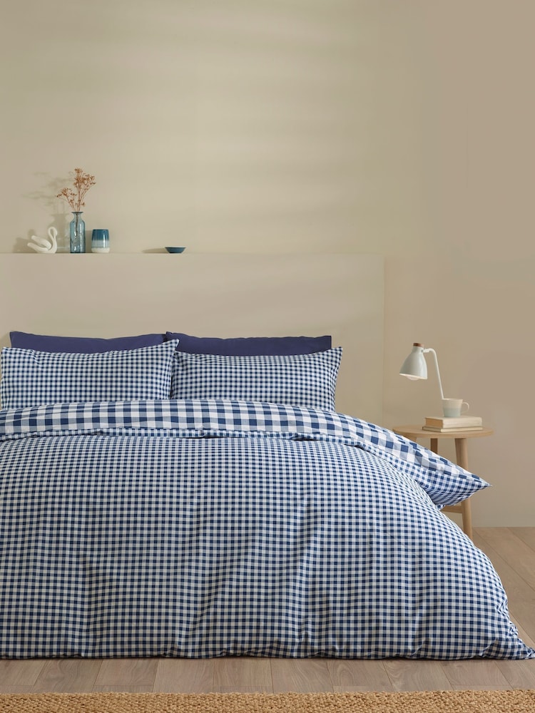 Catherine Lansfield Navy Blue Bamford Gingham Check Reversible Duvet Cover Set - Image 1 of 4