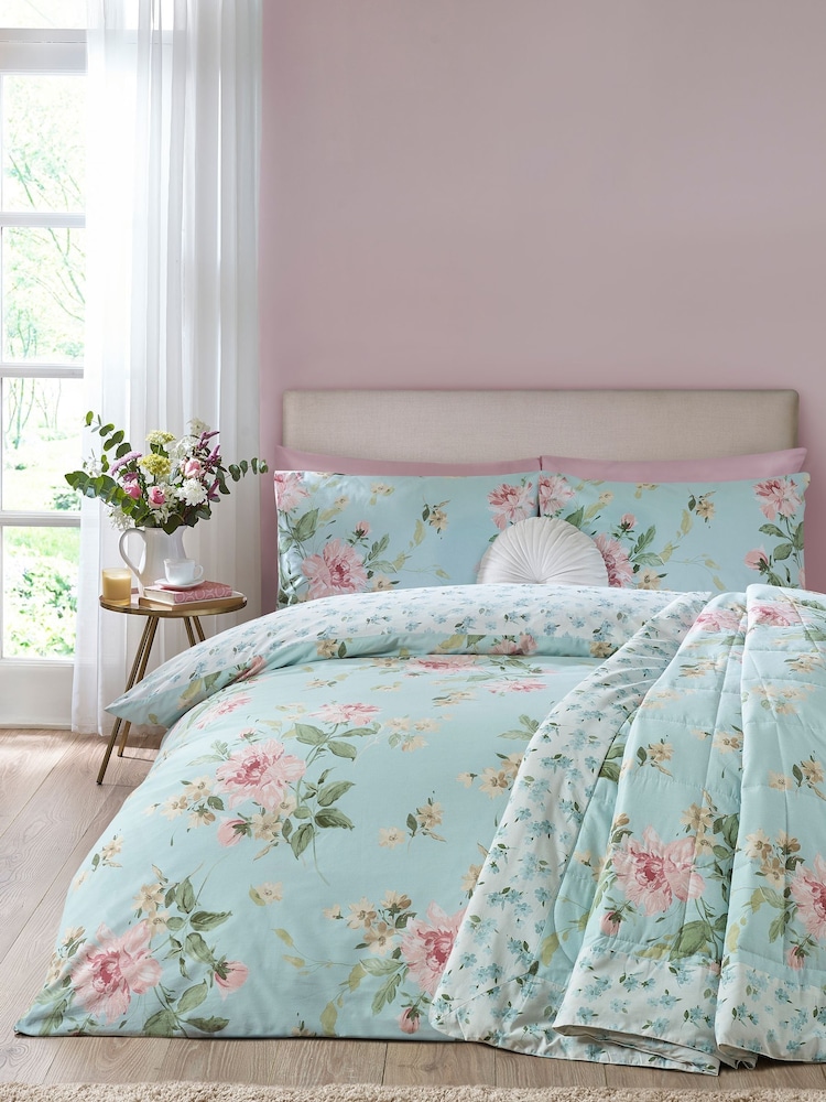 Catherine Lansfield Duck Egg Blue Avebury Floral Reversible Duvet Cover Set - Image 1 of 5