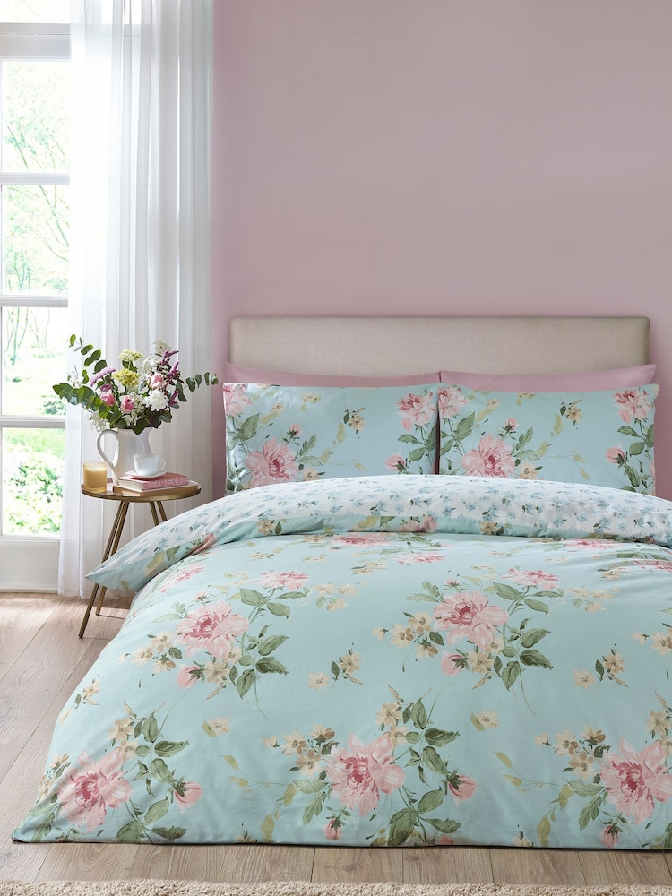 Catherine Lansfield Duck Egg Blue Avebury Floral Reversible Duvet Cover Set - Image 2 of 5