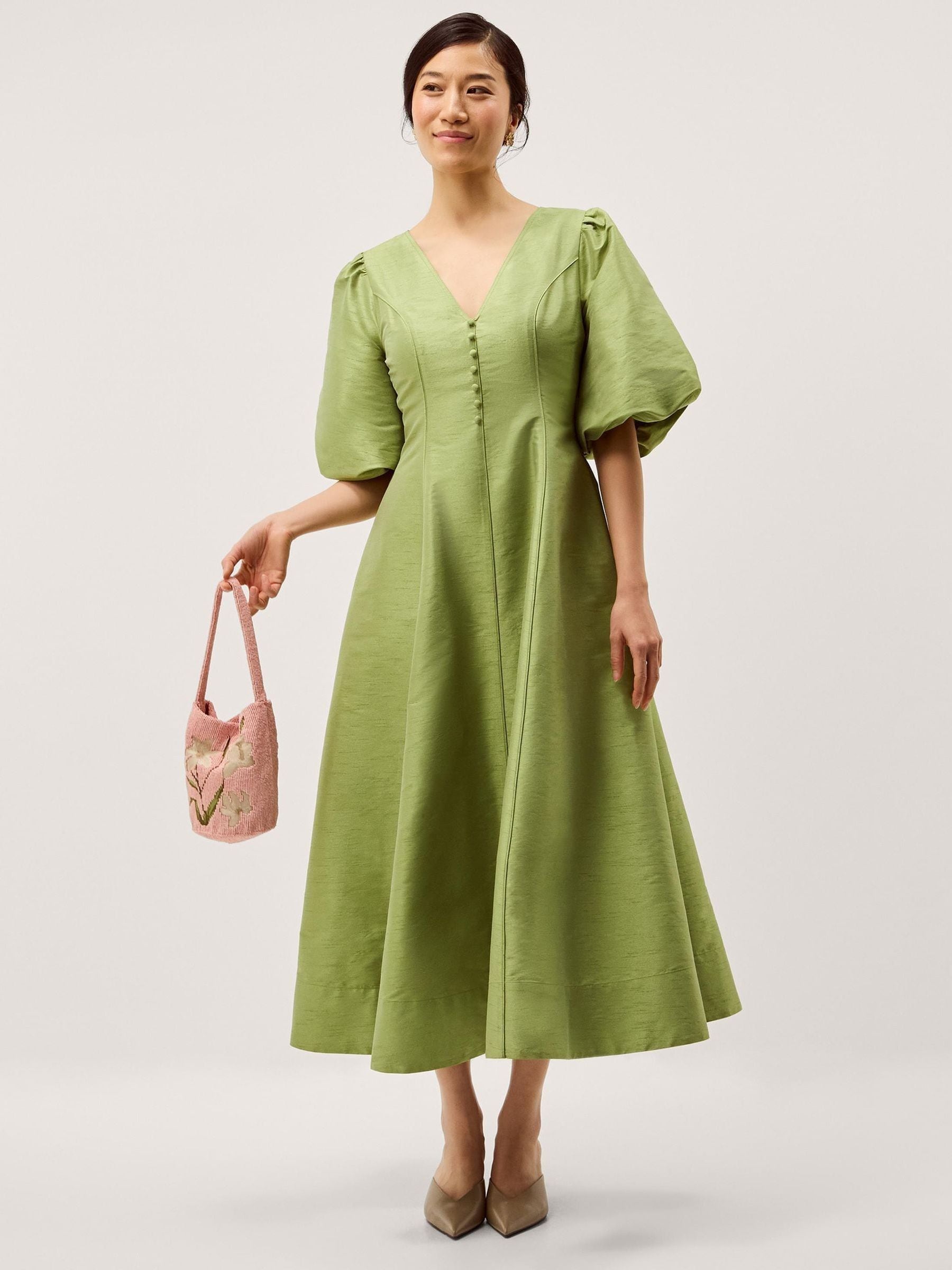 Buy Monsoon Green Beatrice V-Neck Puff Short Sleeve A Line Midi