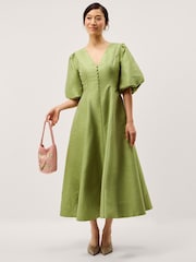 Monsoon Green Beatrice Puff Sleeve A Line Midi Dress - Image 1 of 5