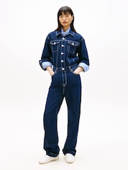 Tommy Jeans Blue Flag Embroidery Collared Denim Jumpsuit - Image 1 of 5