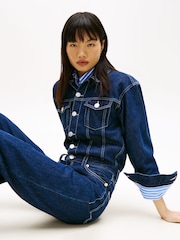 Tommy Jeans Blue Flag Embroidery Collared Denim Jumpsuit - Image 2 of 5