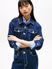 Tommy Jeans Blue Flag Embroidery Collared Denim Jumpsuit - Image 3 of 5