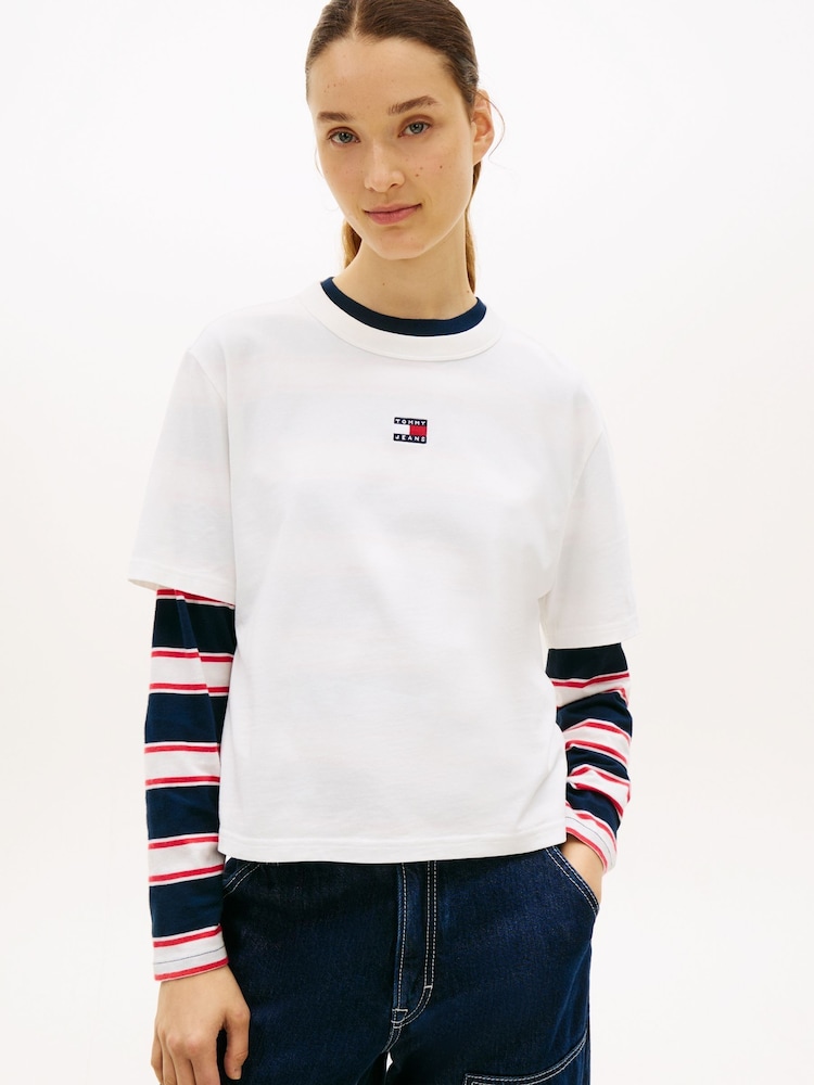 Tommy Jeans Natural Badge Boxy Crew Neck T-Shirt - Image 1 of 5 Tommy Jeans Natural Badge Boxy Crew Neck T-Shirt - Image 1 of 5