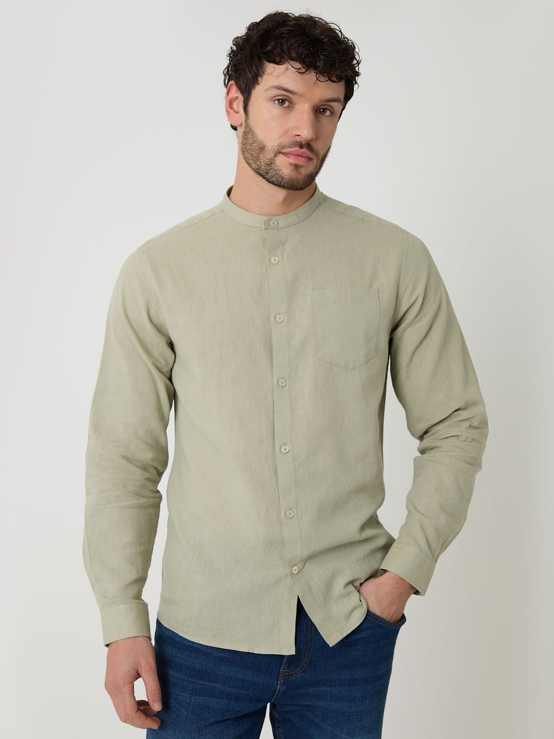 Buy Threadbare Green Grandad Collar Linen Blend Long Sleeve Shirt