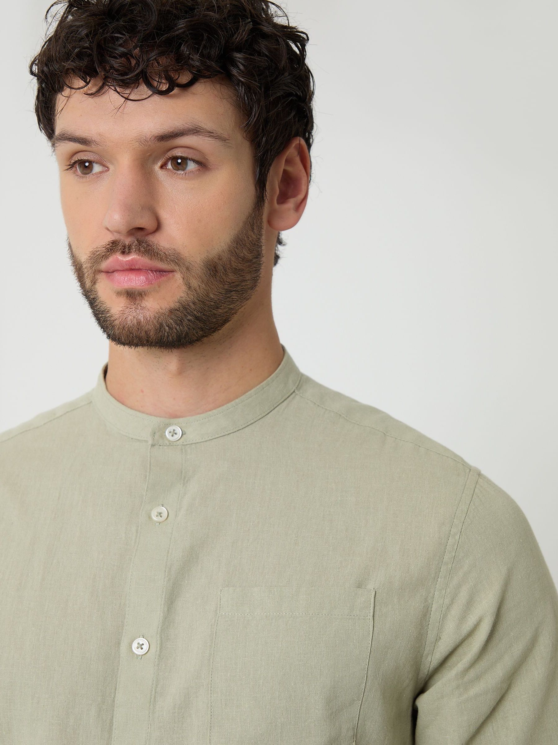 Buy Threadbare Green Grandad Collar Linen Blend Long Sleeve Shirt