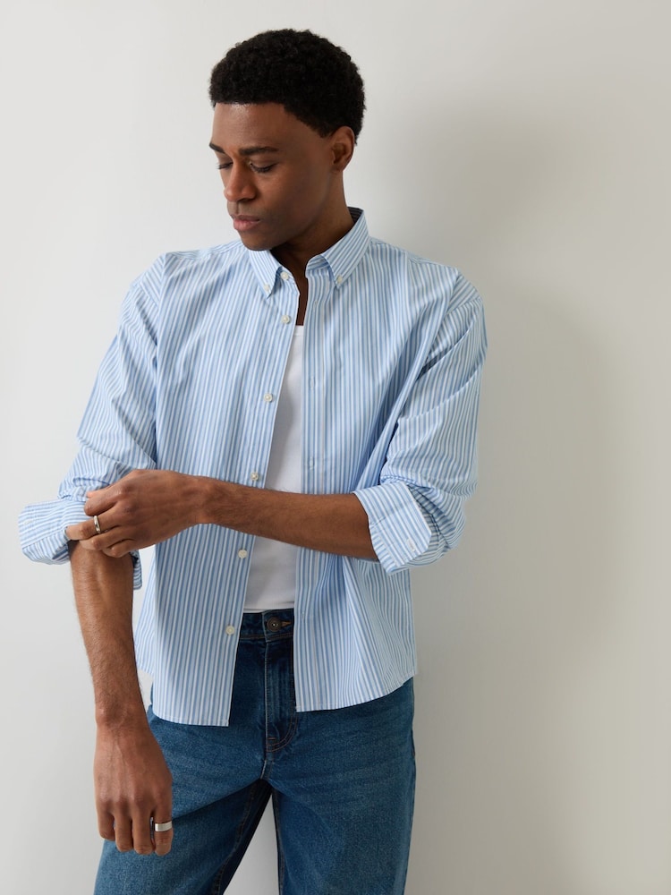 Threadbare Blue Stripe Cotton Poplin Cropped Fit Shirt - Image 1 of 5