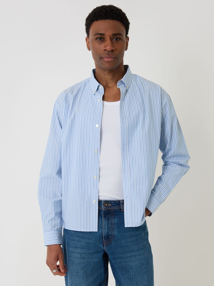 Threadbare Blue Stripe Cotton Poplin Cropped Fit Shirt - Image 2 of 5
