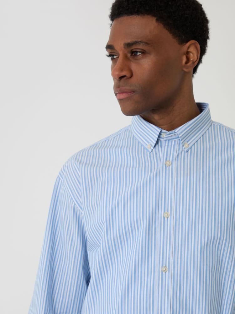 Threadbare Blue Stripe Cotton Poplin Cropped Fit Shirt - Image 5 of 5