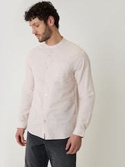 Threadbare Natural Grandad Collar Linen Blend Long Sleeve Shirt - Image 1 of 4