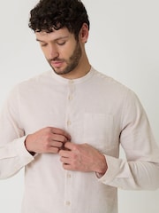 Threadbare Natural Grandad Collar Linen Blend Long Sleeve Shirt - Image 4 of 4
