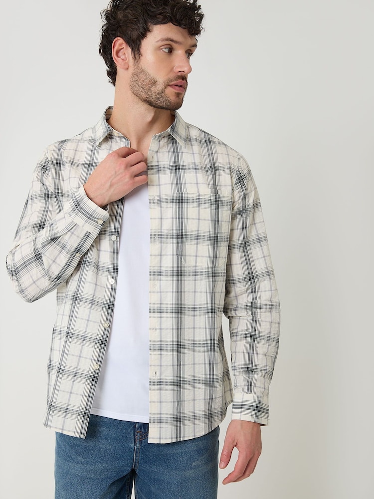 Threadbare Natural Check Cotton Long Sleeve Shirt - Image 1 of 5 Threadbare Natural Check Cotton Long Sleeve Shirt - Image 1 of 5