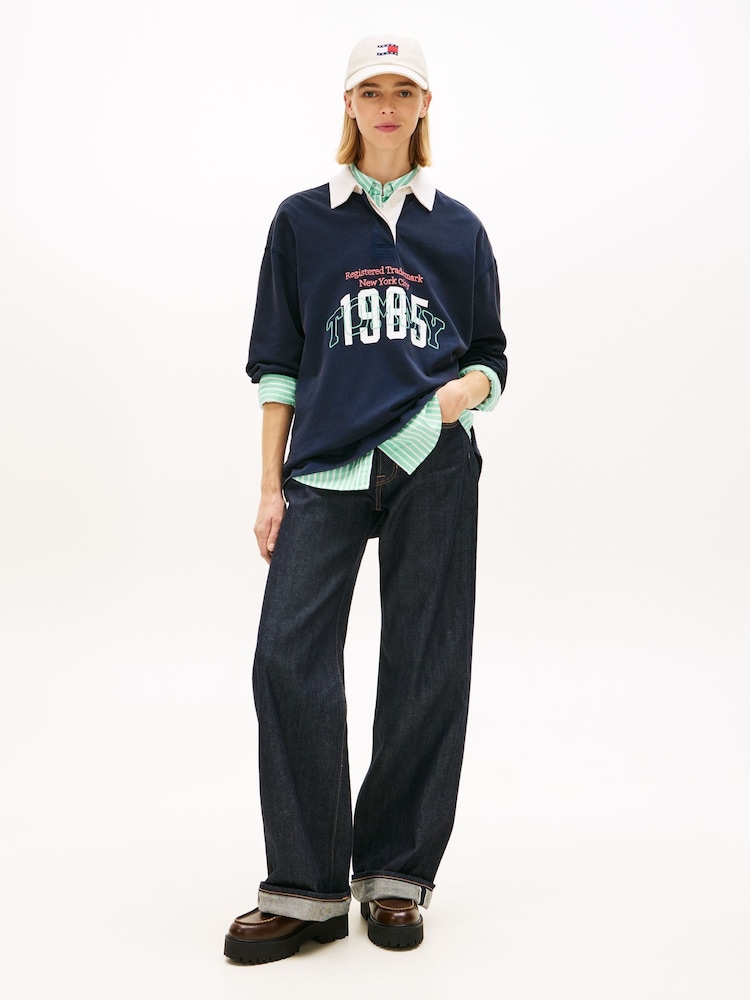 Tommy Jeans Blue Logo Embroidery Jersey Oversized Rugby Shirt - Image 2 of 5