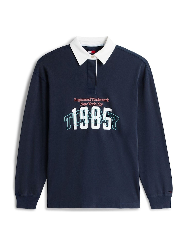 Tommy Jeans Blue Logo Embroidery Jersey Oversized Rugby Shirt - Image 5 of 5