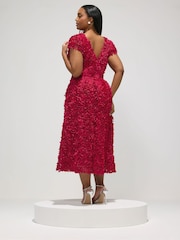 Yours Curve Red London 3D Floral Sleeve Skater Dress - Image 2 of 5