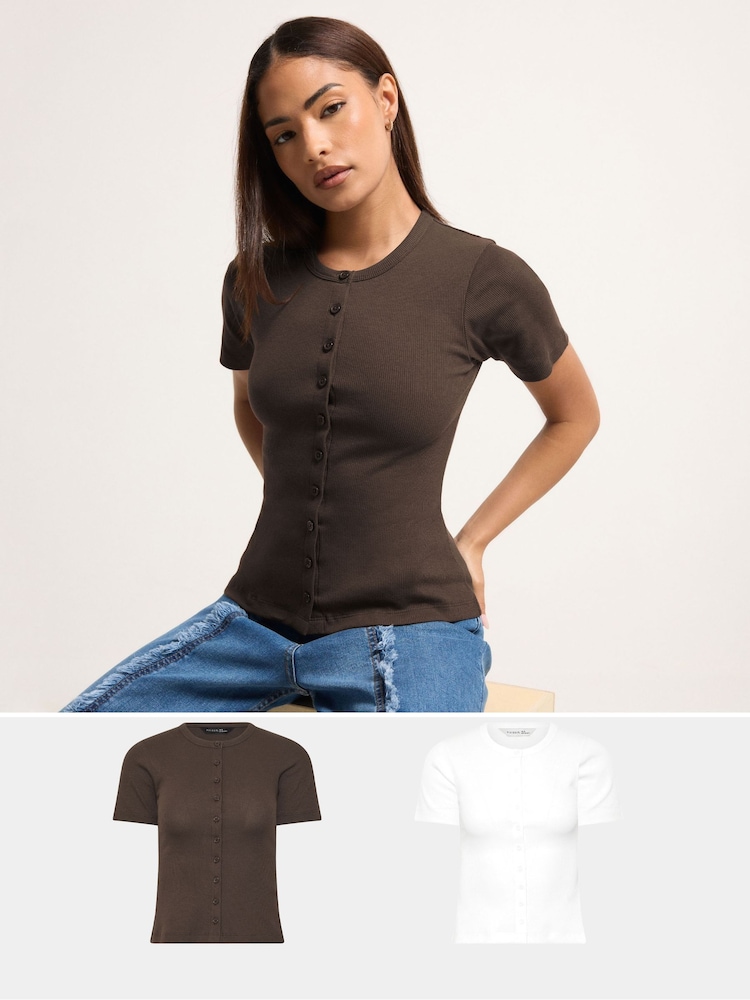 PixieGirl Petite Brown Short Sleeve Ribbed Button Front Tops 2 Pack - Image 1 of 8 PixieGirl Petite Brown Short Sleeve Ribbed Button Front Tops 2 Pack - Image 1 of 8
