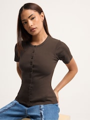 PixieGirl Petite Brown Short Sleeve Ribbed Button Front Tops 2 Pack - Image 2 of 8