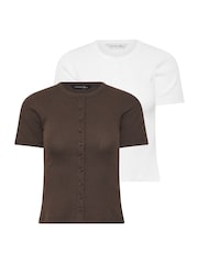 PixieGirl Petite Brown Short Sleeve Ribbed Button Front Tops 2 Pack - Image 6 of 8