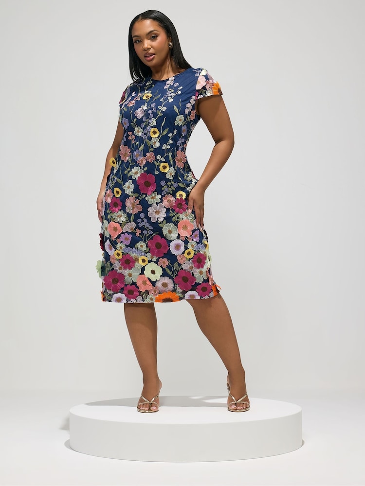 Yours Curve Navy London 3D Floral Shift Dress - Image 1 of 5