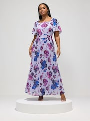 Yours Curve Blue London Floral Square Neck Pleated Maxi Dress - Image 1 of 5