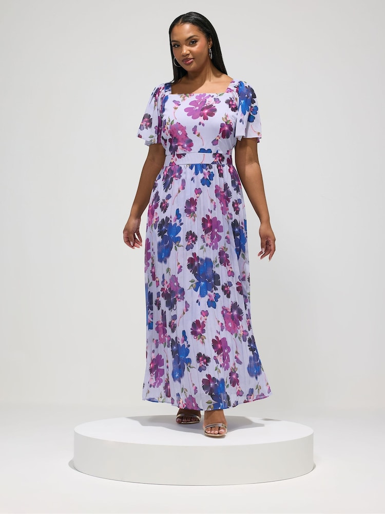 Yours Curve Blue London Floral Square Neck Pleated Maxi Dress - Image 2 of 5