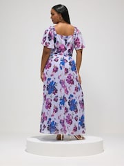 Yours Curve Blue London Floral Square Neck Pleated Maxi Dress - Image 3 of 5