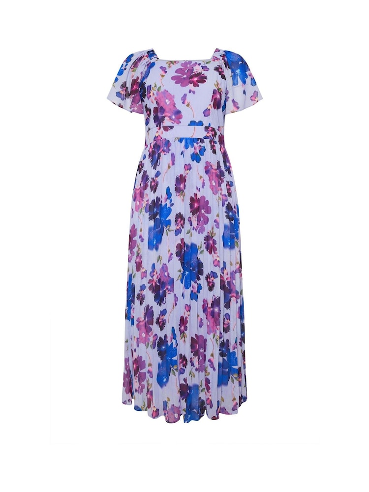 Yours Curve Blue London Floral Square Neck Pleated Maxi Dress - Image 5 of 5