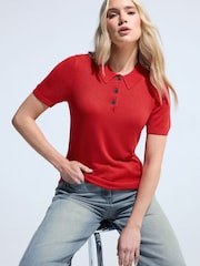 Long Red Fine Guage Polo Top Jumper - Image 5 of 6