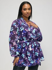 Yours Curve Light Blue London Floral Wrap Top - Image 1 of 5