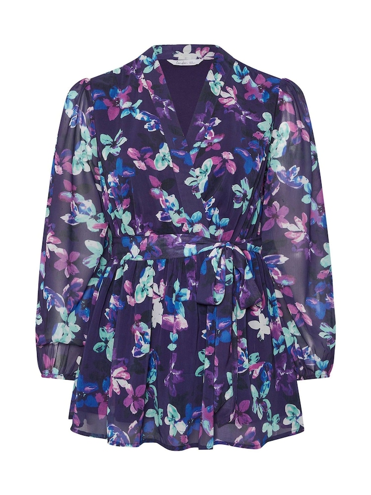 Yours Curve Light Blue London Floral Wrap Top - Image 5 of 5
