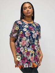 Yours Curve Blue London 3D Floral T-Shirt - Image 1 of 5