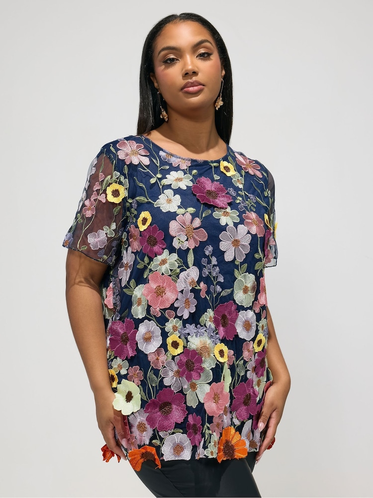 Yours Curve Blue London 3D Floral T-Shirt - Image 1 of 5 Yours Curve Blue London 3D Floral T-Shirt - Image 1 of 5