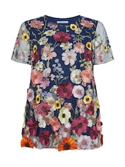 Yours Curve Blue London 3D Floral T-Shirt - Image 5 of 5