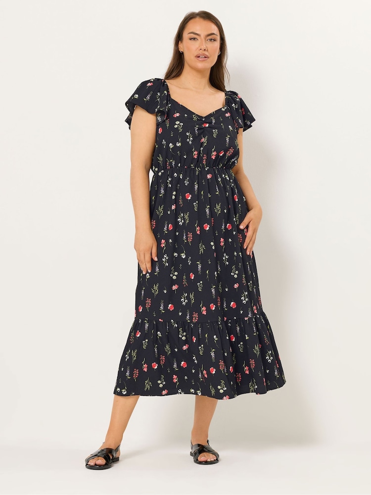 Yours Curve Black Floral Ruched Square Neck Maxi Dress - Image 1 of 4 Yours Curve Black Floral Ruched Square Neck Maxi Dress - Image 1 of 4