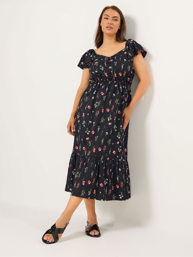 Yours Curve Black Floral Ruched Square Neck Maxi Dress - Image 2 of 4 Yours Curve Black Floral Ruched Square Neck Maxi Dress - Image 2 of 4