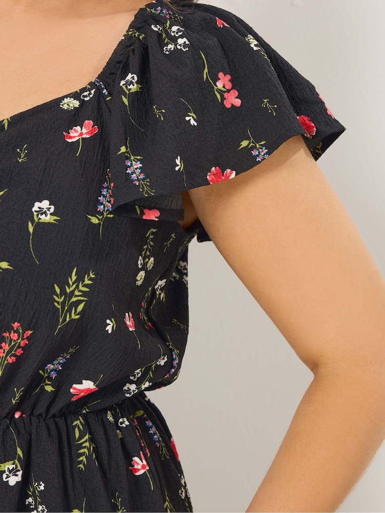 Yours Curve Black Floral Ruched Square Neck Maxi Dress - Image 4 of 4 Yours Curve Black Floral Ruched Square Neck Maxi Dress - Image 4 of 4