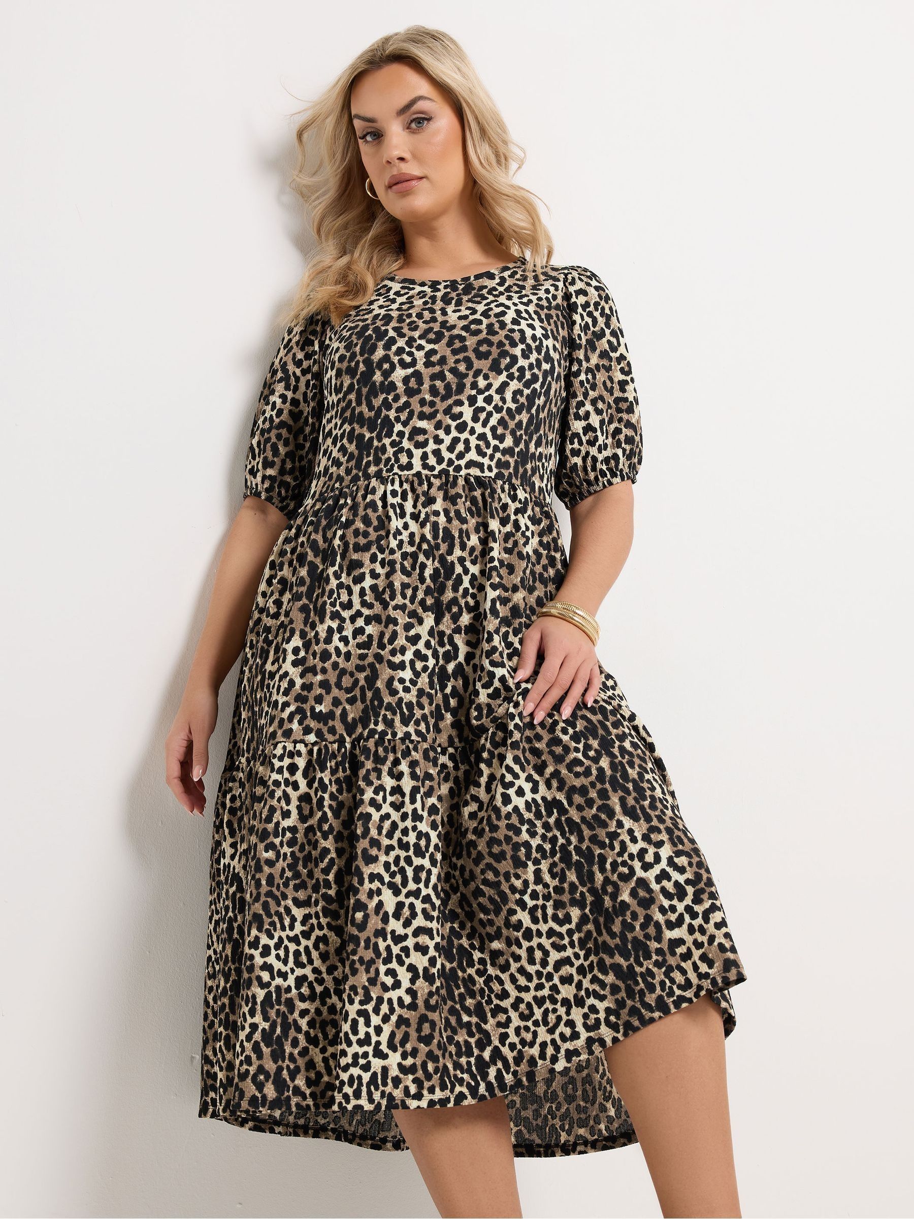 Yours Curve Women's Natural Puff Sleeve Tiered Dress