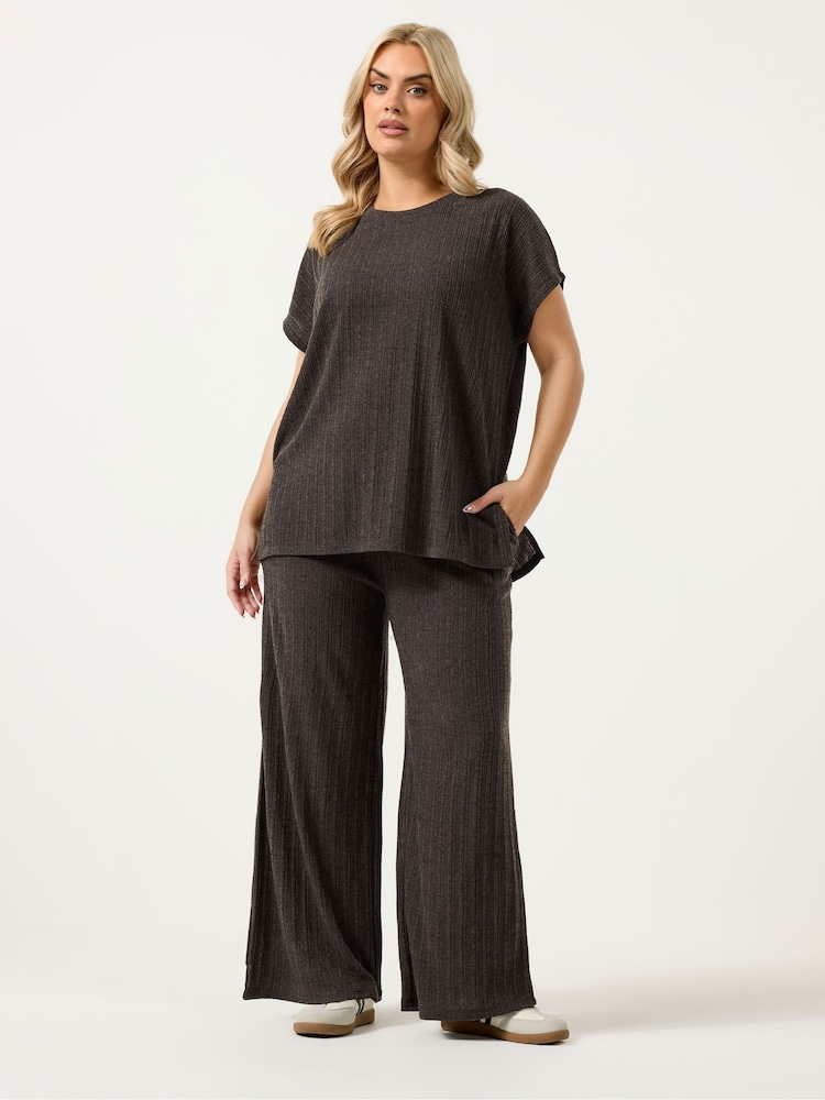 Yours Curve Brown Knitted Wide Leg Trousers - Image 2 of 5