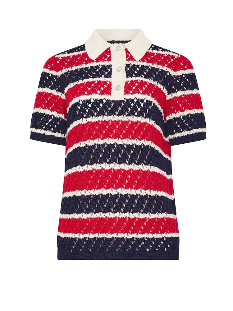 Long Tall Sally Red Crochet Stripe Polo Top Jumper - Image 4 of 4