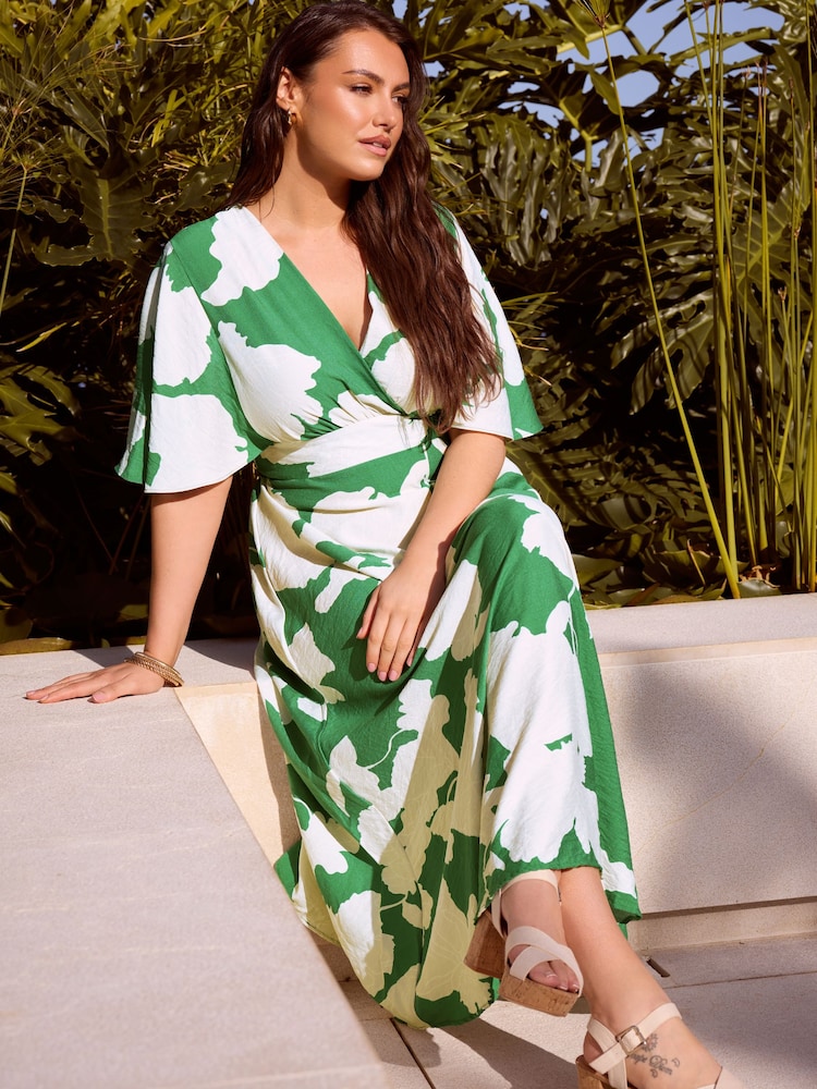 グリーン - Yours Curve London Linen Look Kimono Maxi Wrap Dress - 画像 2 / 3