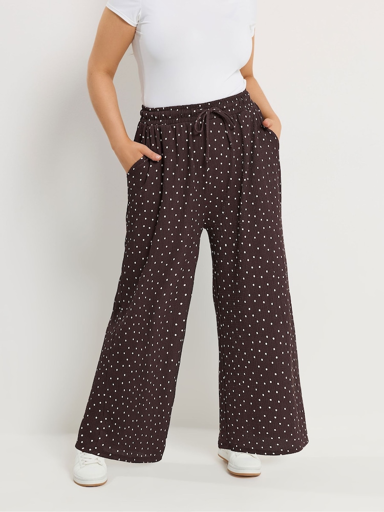 Yours Curve Brown Crinkle Wide Leg Trousers - Image 1 of 4 Yours Curve Brown Crinkle Wide Leg Trousers - Image 1 of 4